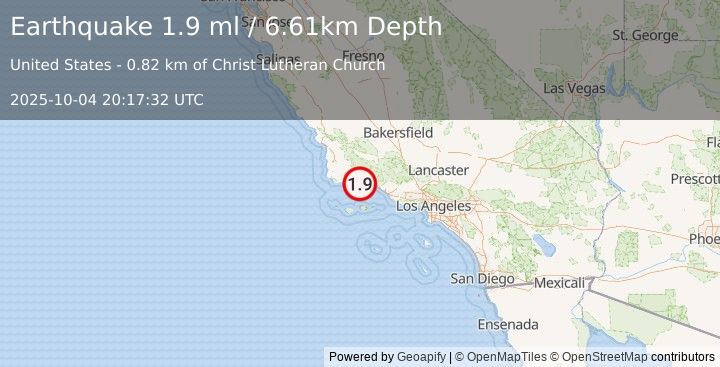 Earthquake 3 km WNW of Goleta, CA (1.9 ml) (2025-10-04 20:17:32 UTC)