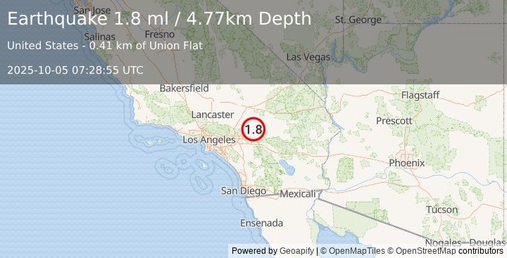 Earthquake 7 km N of Big Bear City, CA (1.8 ml) (2025-10-05 07:28:55 UTC)