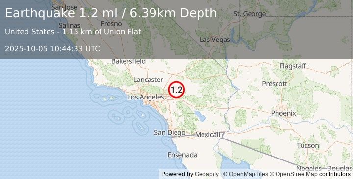 Earthquake 7 km NNW of Big Bear City, CA (1.2 ml) (2025-10-05 10:44:33 UTC)