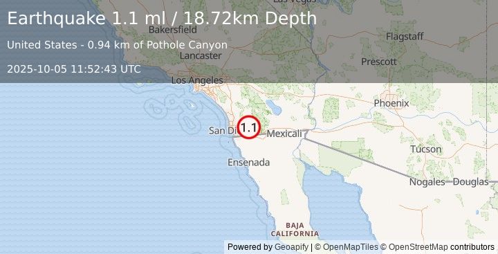 Earthquake 6 km WSW of Pine Valley, CA (1.1 ml) (2025-10-05 11:52:43 UTC)