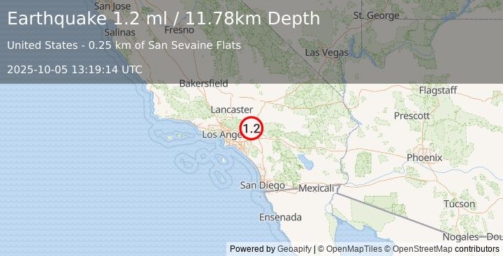 Earthquake 5 km SSW of Lytle Creek, CA (1.2 ml) (2025-10-05 13:19:14 UTC)