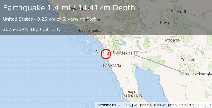 Earthquake 3 km NNW of San Ysidro, CA (1.4 ml) (2025-10-05 18:56:58 UTC)