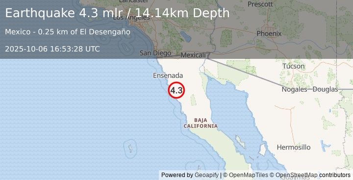 Earthquake 56 km SE of Maneadero, B.C., MX (4.3 mlr) (2025-10-06 16:53:28 UTC)