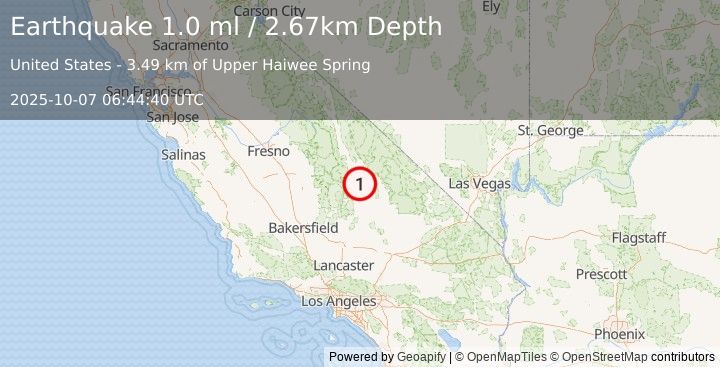 Earthquake 20 km NE of Coso Junction, CA (1.0 ml) (2025-10-07 06:44:40 UTC)
