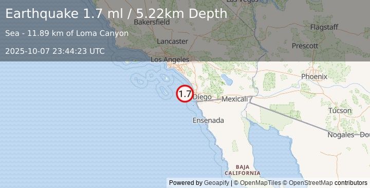 Earthquake 30 km W of La Jolla, CA (1.7 ml) (2025-10-07 23:44:23 UTC)