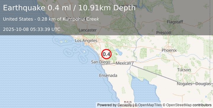 Earthquake 5 km SE of Lake Henshaw, CA (0.4 ml) (2025-10-08 05:33:39 UTC)