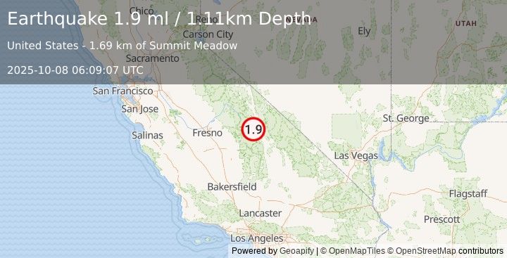 Earthquake 13 km W of Independence, CA (1.9 ml) (2025-10-08 06:09:07 UTC)