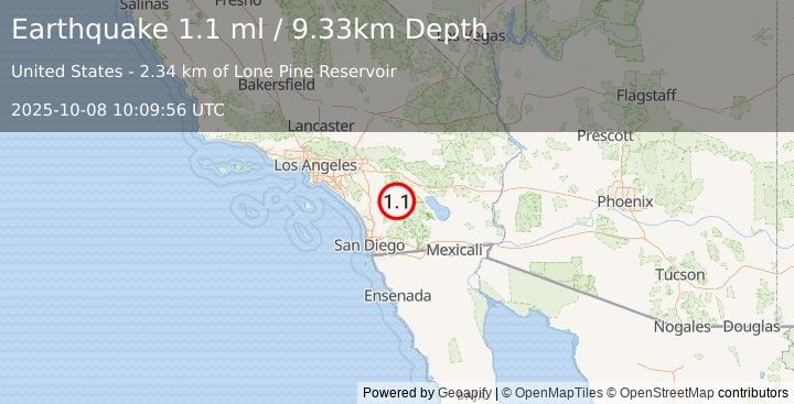 Earthquake 15 km SSE of Anza, CA (1.1 ml) (2025-10-08 10:09:56 UTC)
