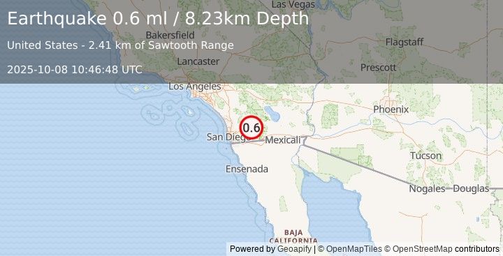 Earthquake 16 km NNE of Pine Valley, CA (0.6 ml) (2025-10-08 10:46:48 UTC)