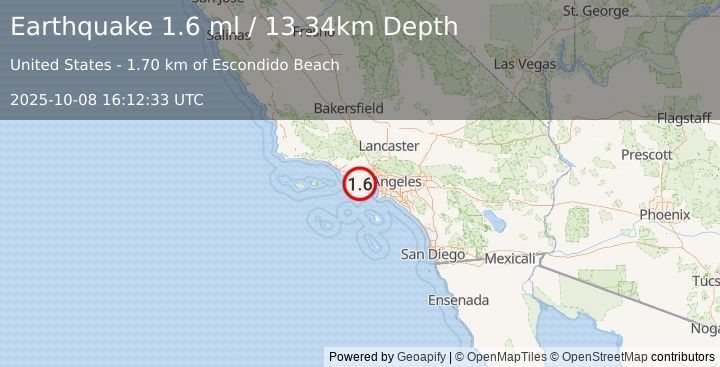 Earthquake 4 km E of Malibu, CA (1.6 ml) (2025-10-08 16:12:33 UTC)