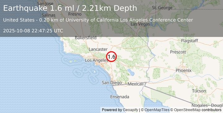 Earthquake 2 km NNE of Lake Arrowhead, CA (1.6 ml) (2025-10-08 22:47:25 UTC)