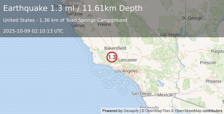 Earthquake 9 km W of Pine Mountain Club, CA (1.3 ml) (2025-10-09 02:10:13 UTC)