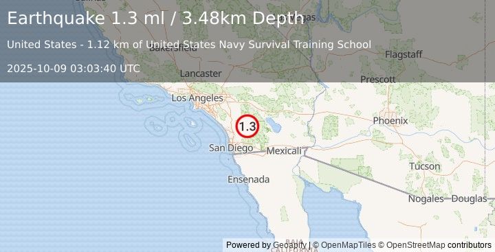 Earthquake 2 km NNW of Warner Springs, CA (1.3 ml) (2025-10-09 03:03:40 UTC)