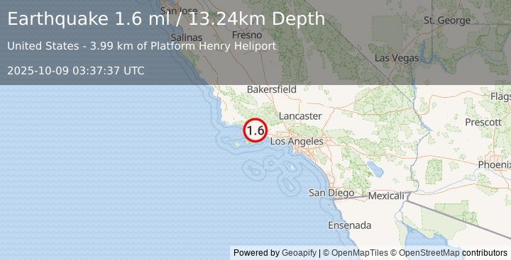 Earthquake 7 km S of Carpinteria, CA (1.6 ml) (2025-10-09 03:37:37 UTC)