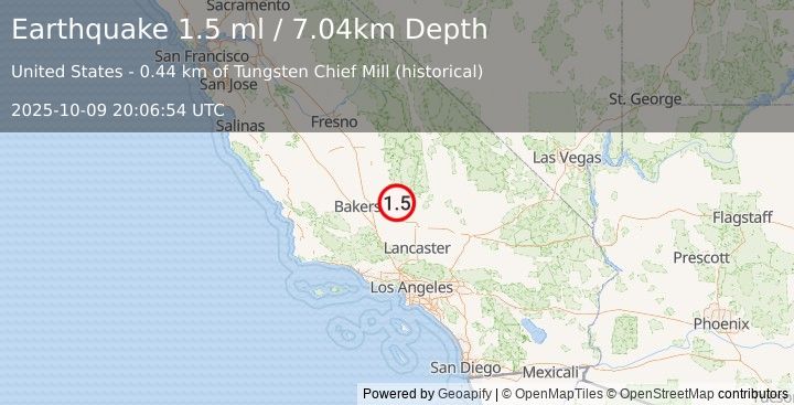Earthquake 18 km SSW of Bodfish, CA (1.5 ml) (2025-10-09 20:06:54 UTC)