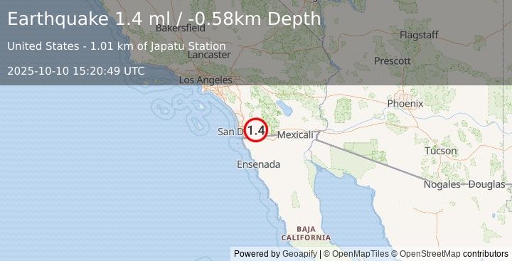 Earthquake 13 km SE of Alpine, CA (1.4 ml) (2025-10-10 15:20:49 UTC)