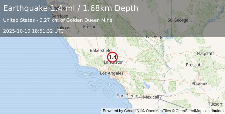 Earthquake 7 km S of Mojave, CA (1.4 ml) (2025-10-10 18:51:32 UTC)