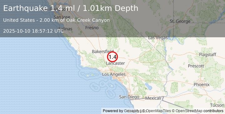 Earthquake 14 km SE of Tehachapi, CA (1.4 ml) (2025-10-10 18:57:12 UTC)
