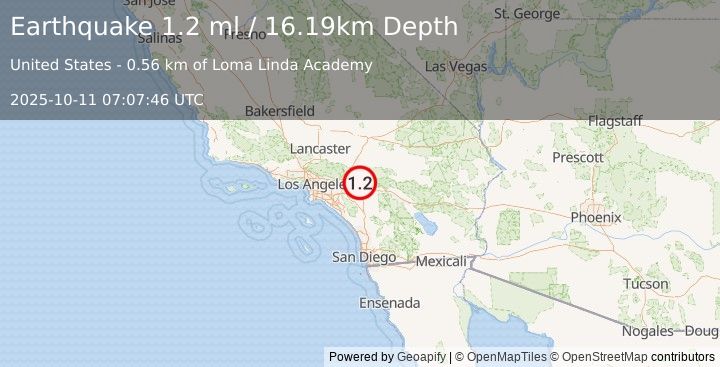 Earthquake 1 km NNE of Loma Linda, CA (1.2 ml) (2025-10-11 07:07:46 UTC)