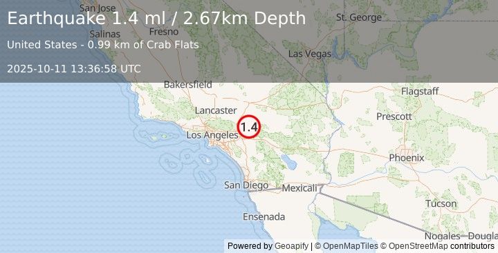 Earthquake 7 km NNE of Running Springs, CA (1.4 ml) (2025-10-11 13:36:58 UTC)