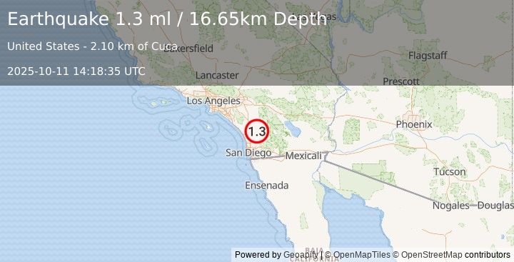 Earthquake 10 km SSW of Palomar Observatory, CA (1.3 ml) (2025-10-11 14:18:35 UTC)