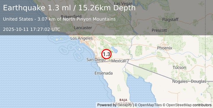 Earthquake 20 km E of Julian, CA (1.3 ml) (2025-10-11 17:27:02 UTC)