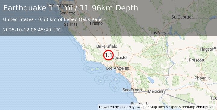 Earthquake 3 km W of Lebec, CA (1.1 ml) (2025-10-12 06:45:40 UTC)