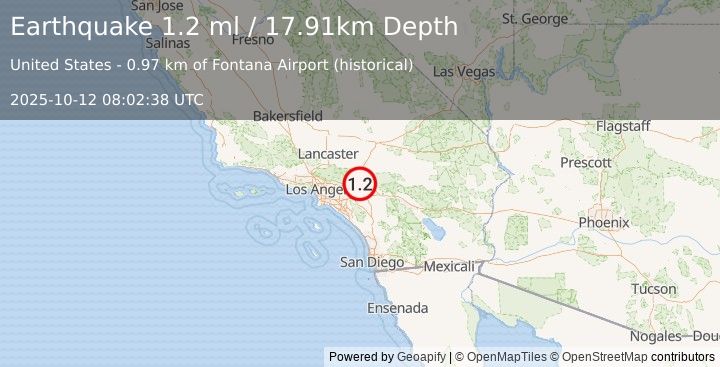 Earthquake 7 km NNE of Fontana, CA (1.2 ml) (2025-10-12 08:02:38 UTC)