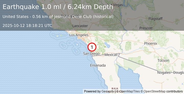 Earthquake 7 km NE of San Marcos, CA (1.0 ml) (2025-10-12 18:18:21 UTC)