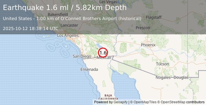 Earthquake 3 km SSW of Brawley, CA (1.6 ml) (2025-10-12 18:38:14 UTC)
