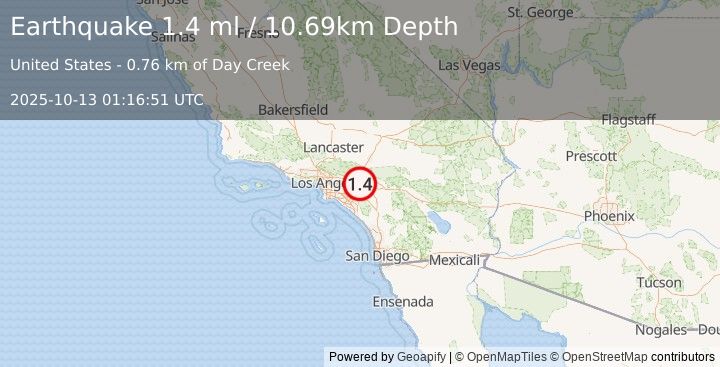 Earthquake 6 km NNW of Mira Loma, CA (1.4 ml) (2025-10-13 01:16:51 UTC)