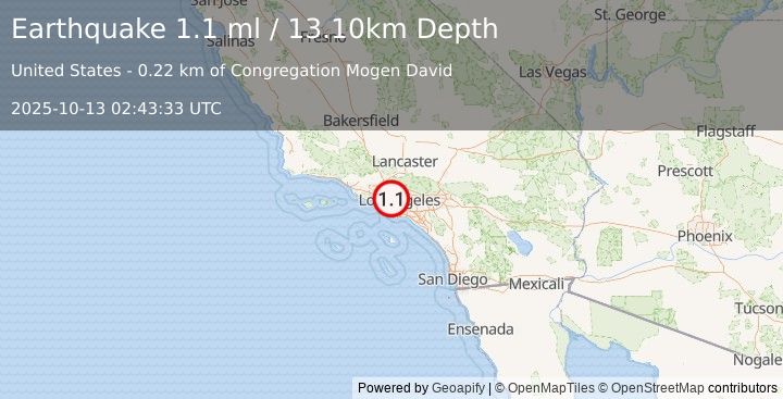 Earthquake 3 km N of Beverly Hills, CA (1.1 ml) (2025-10-13 02:43:34 UTC)