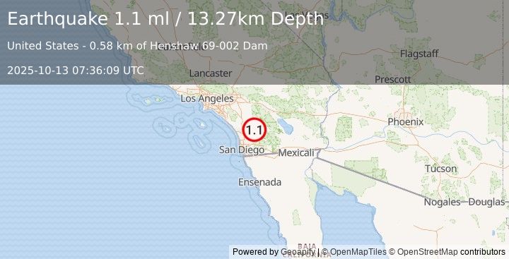 Earthquake 1 km WSW of Lake Henshaw, CA (1.1 ml) (2025-10-13 07:36:09 UTC)