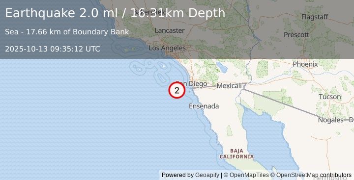 Earthquake 63 km WSW of Coronado, CA (2.0 ml) (2025-10-13 09:35:12 UTC)