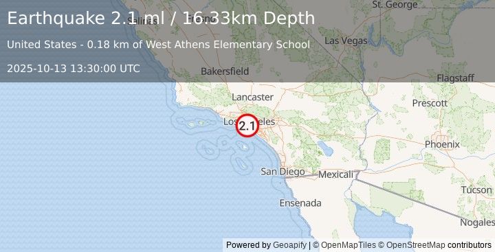 Earthquake 4 km WNW of Willowbrook, CA (2.1 ml) (2025-10-13 13:30:00 UTC)