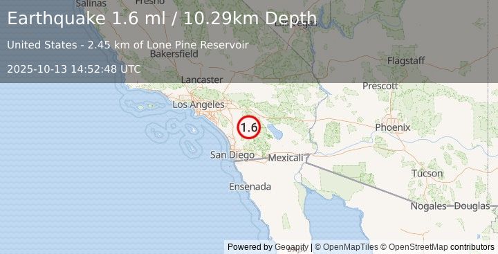 Earthquake 13 km SSE of Anza, CA (1.6 ml) (2025-10-13 14:52:49 UTC)