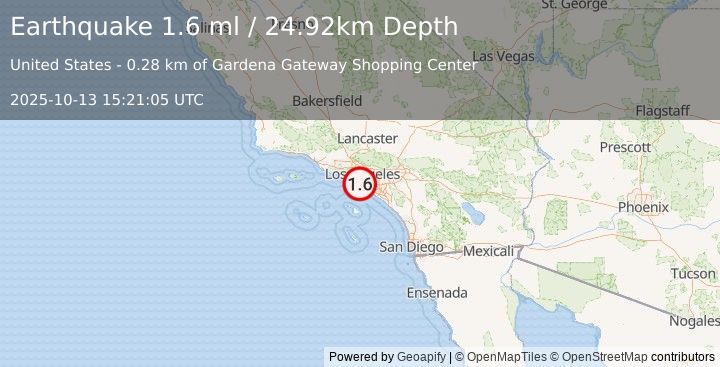 Earthquake 3 km N of Gardena, CA (1.7 ml) (2025-10-13 15:21:06 UTC)