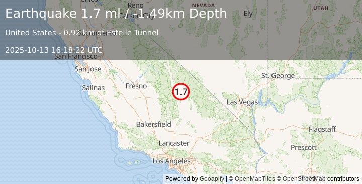 Earthquake 16 km ESE of Olancha, CA (1.2 ml) (2025-10-13 16:18:28 UTC)