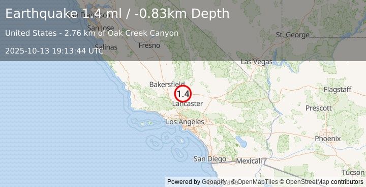 Earthquake 14 km W of Mojave, CA (1.4 ml) (2025-10-13 19:13:44 UTC)