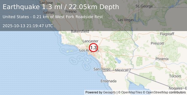 Earthquake 12 km N of Glendora, CA (1.3 ml) (2025-10-13 21:19:47 UTC)