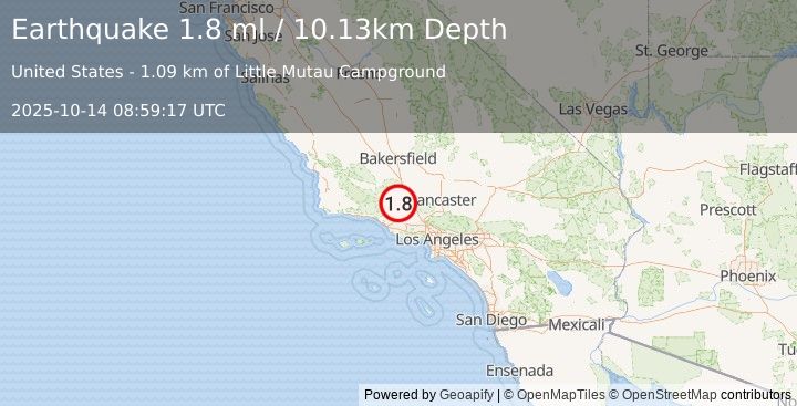 Earthquake 21 km SSW of Frazier Park, CA (1.8 ml) (2025-10-14 08:59:17 UTC)