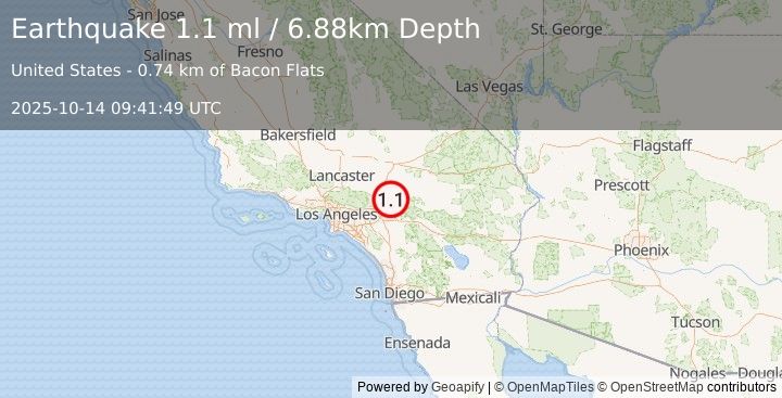Earthquake 8 km NE of Lake Arrowhead, CA (1.1 ml) (2025-10-14 09:41:49 UTC)