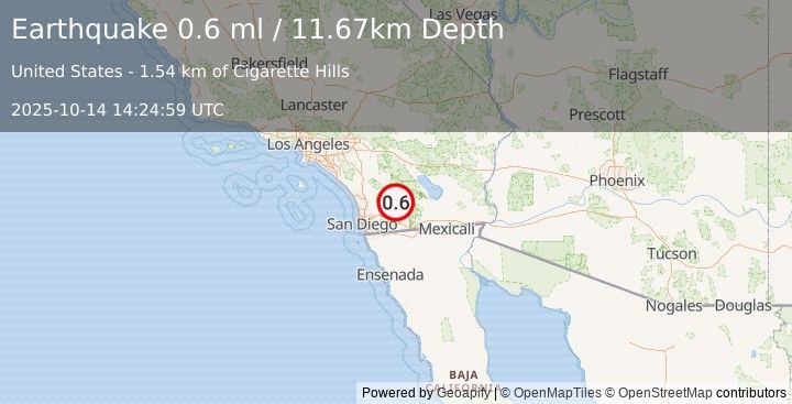 Earthquake 11 km E of Julian, CA (0.6 ml) (2025-10-14 14:24:59 UTC)