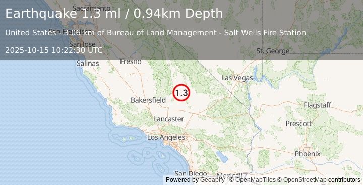 Earthquake 10 km ENE of Ridgecrest, CA (1.3 ml) (2025-10-15 10:22:30 UTC)