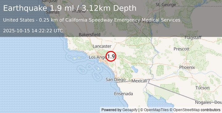 Earthquake 3 km WSW of Fontana, CA (1.9 ml) (2025-10-15 14:22:22 UTC)