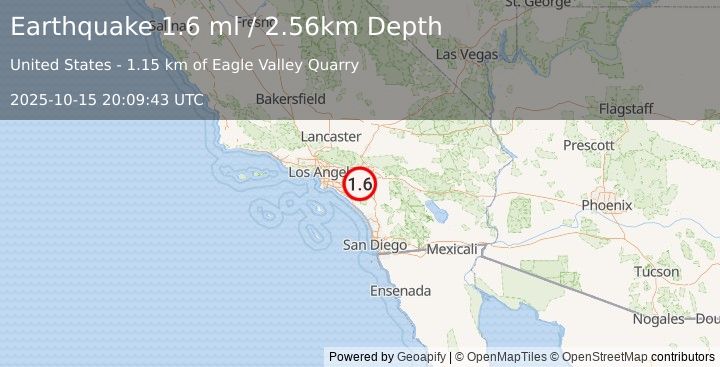 Earthquake 5 km SSE of Home Gardens, CA (1.6 ml) (2025-10-15 20:09:43 UTC)
