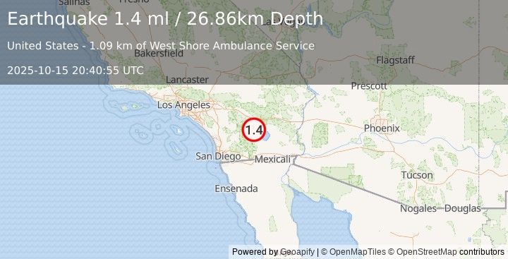 Earthquake 8 km SSE of Oasis, CA (1.4 ml) (2025-10-15 20:40:55 UTC)