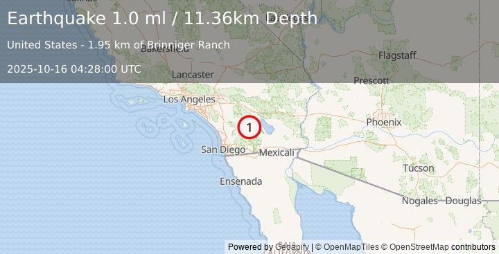 Earthquake 7 km NNE of Borrego Springs, CA (1.0 ml) (2025-10-16 04:28:00 UTC)