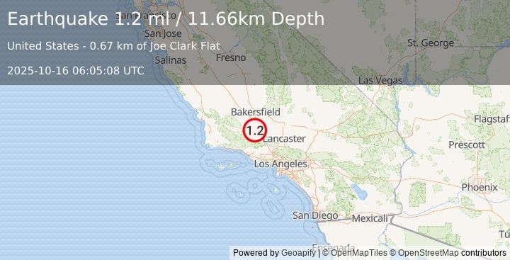 Earthquake 10 km WSW of Grapevine, CA (1.2 ml) (2025-10-16 06:05:08 UTC)