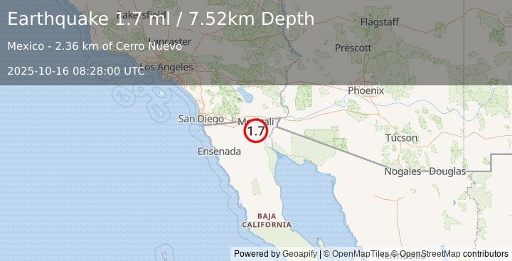 Earthquake 21 km SSW of Puebla, B.C., MX (1.7 ml) (2025-10-16 08:28:00 UTC)